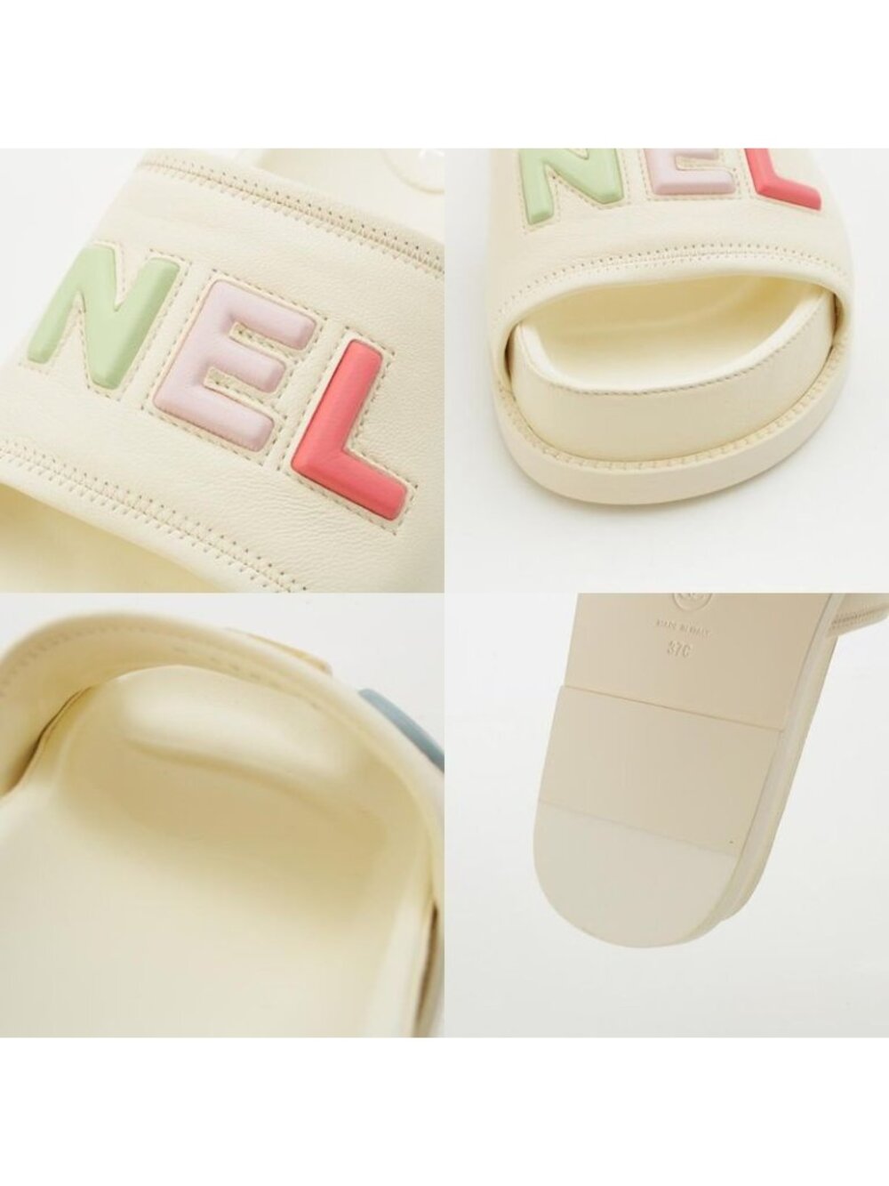 Chanel Lambskin Leather Logo Flat Sandals Mule Ivory Multicolor 37 - Picture 9 of 10